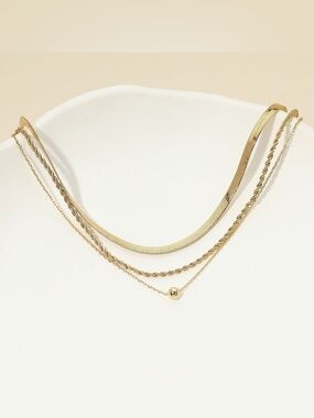 18K Gold Dipped Mini Ball Accent Herringbone Chain Layered Necklace